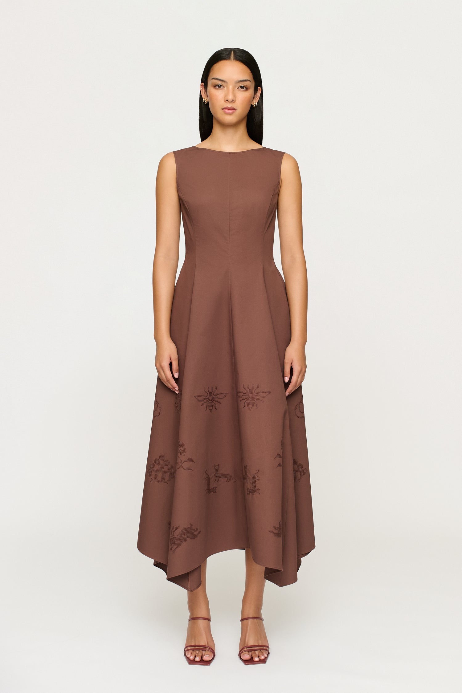 Jacqueline Asym Hem Dress | Fig | Brown Textured Cotton
