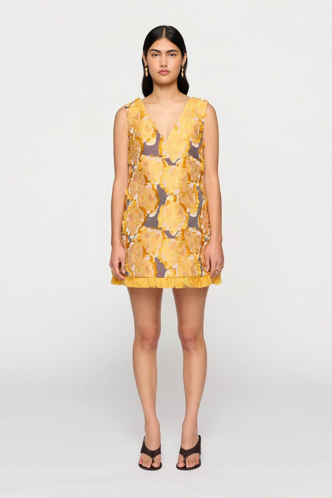 clea mini dress Pepe Mini Dress | Floralis Jacquard | Yellow Brown Textured