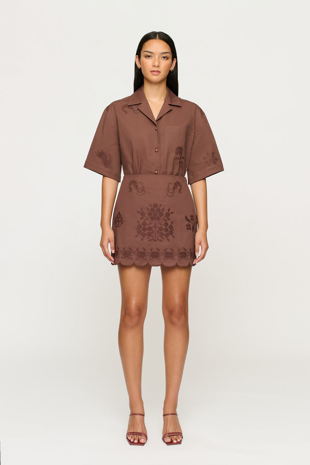 Darcy Embroidered Mini Skirt | Fig | Brown